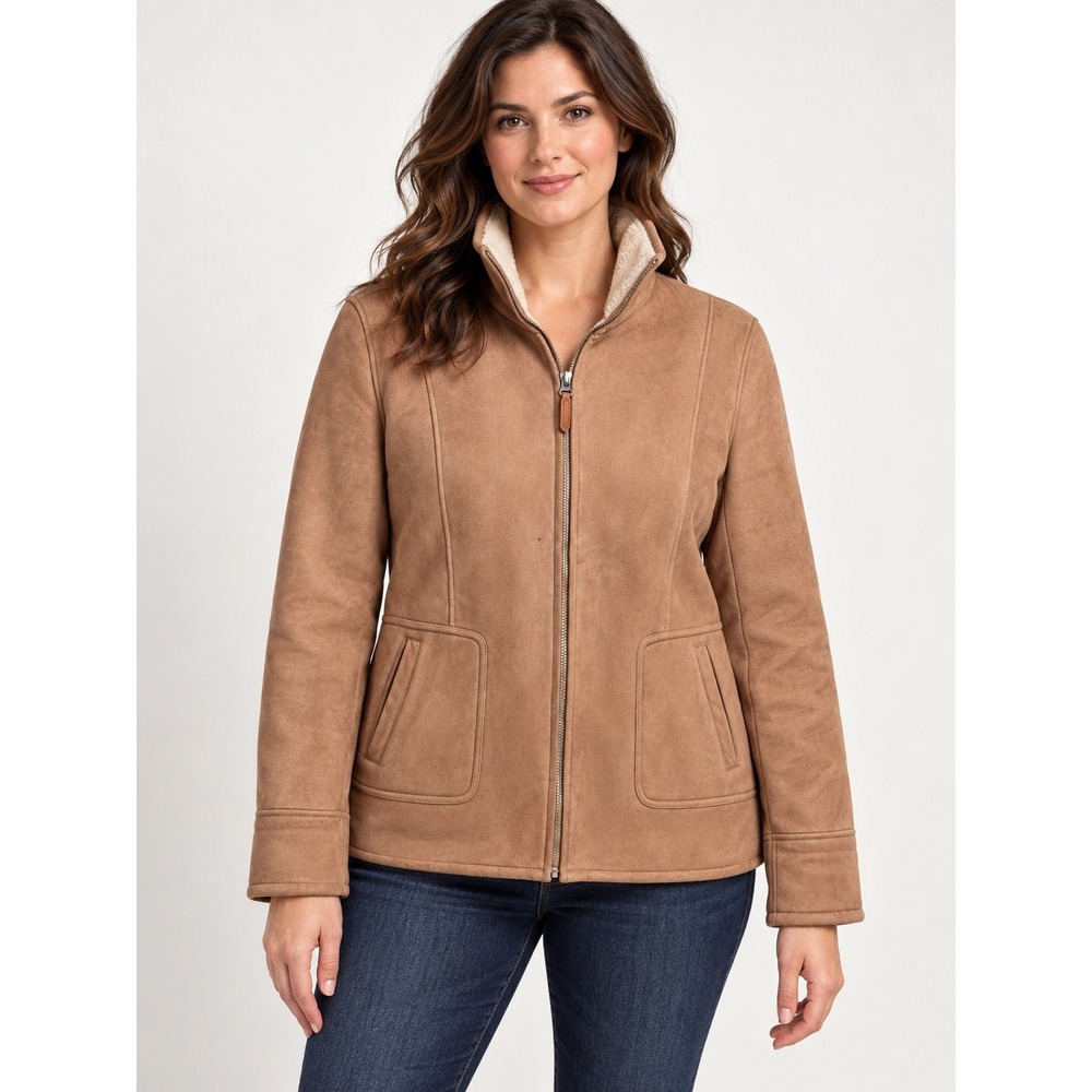 Talbots Womens Faux Suede Shearling Lined Jacket Camel Tan Zip Front Size Large - Picture 1 of 9
